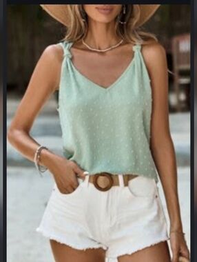 NWOT Sage Green Swiss Dot Knot Strap Tank Top Size L